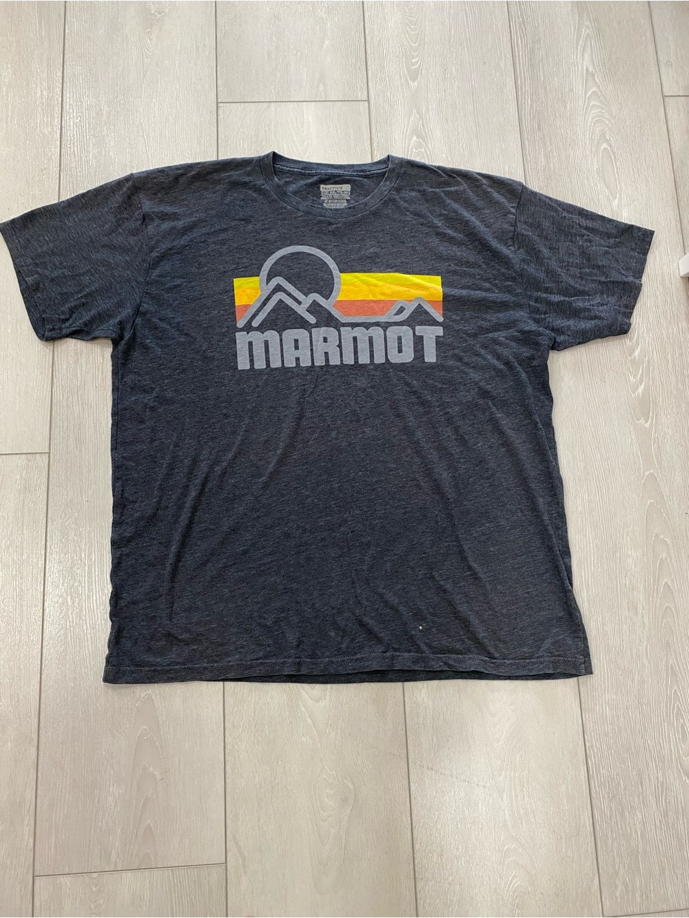Marmot Men's Charcoal Tee with Sunset Stripe Logo